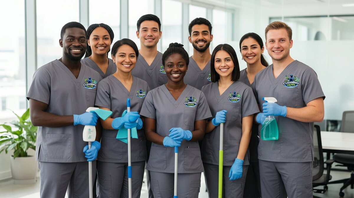 The Cleaning Guys team with cleaning supplies