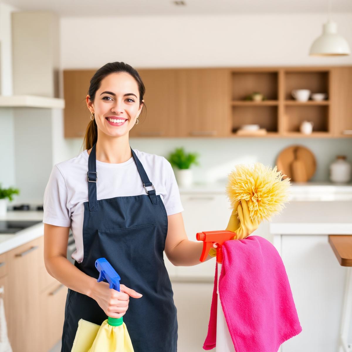 Smiling professional cleaner with cleaning supplies in a modern kitchen