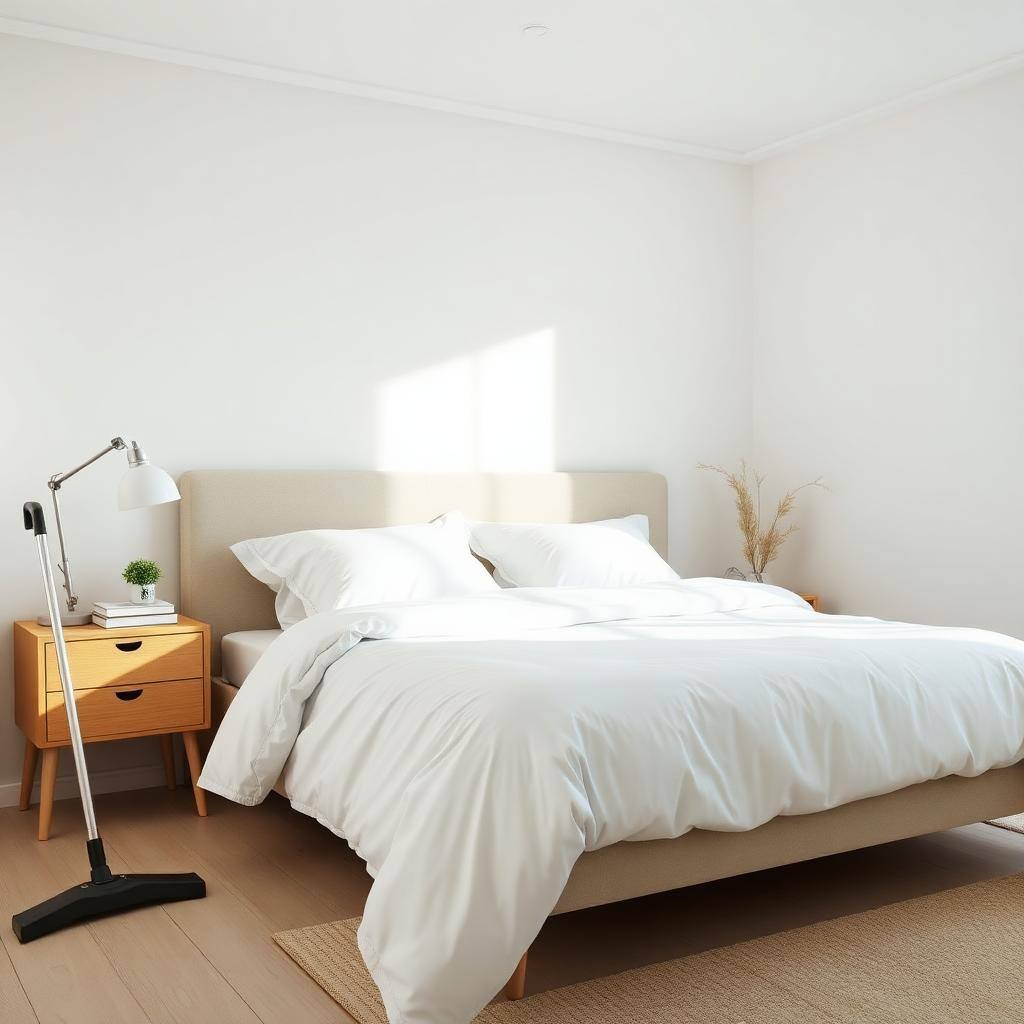 Freshly made bed with crisp white linens in clean bedroom