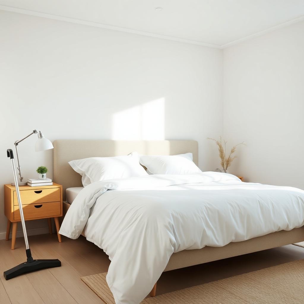 Freshly made bed with crisp white linens in clean bedroom