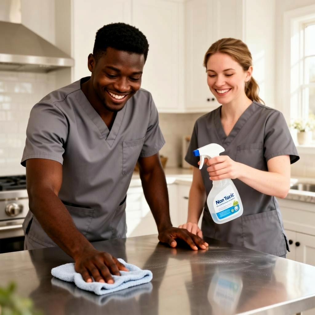 Two-person cleaning team in grey scrubs deep-cleaning a modern kitchen