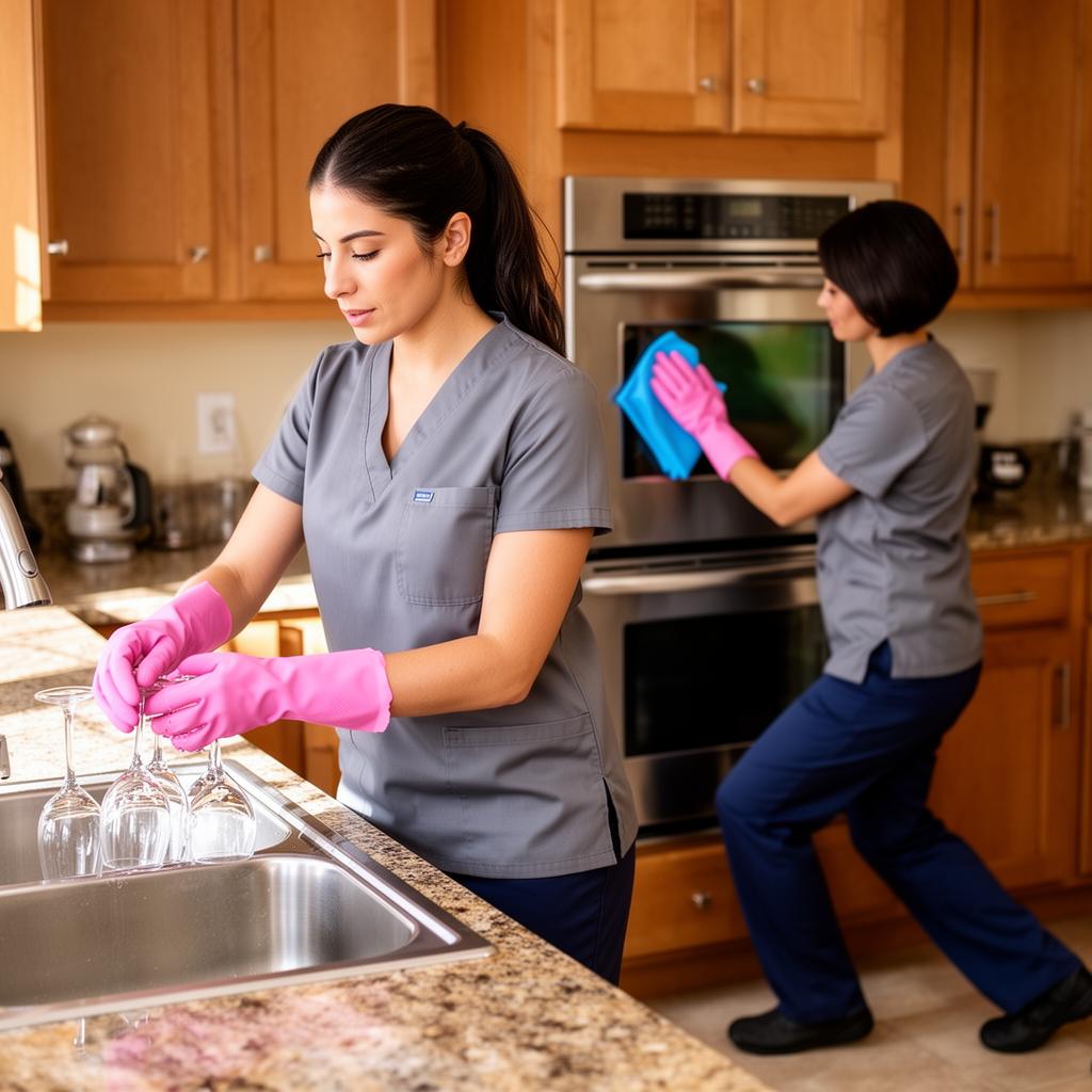 Two housekeepers in grey scrubs maintaining a tidy kitchen