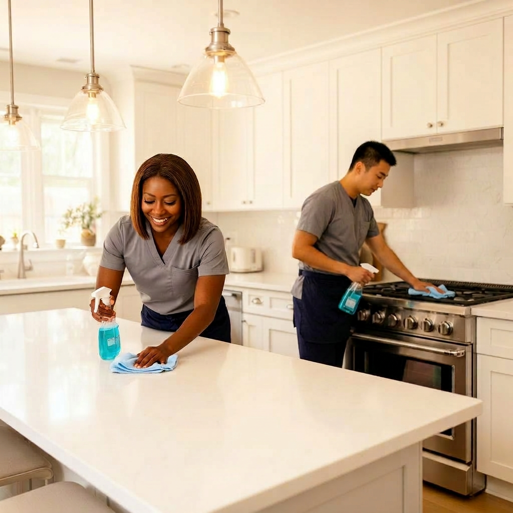 Cleaning team in grey scrubs finishing a bright white kitchen